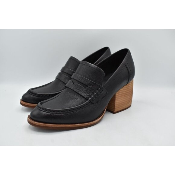 KorkEase Womens 8.5 Modeste Black Leather Stacked Heeled Penny Loafer Pump Shoes - Picture 2 of 13